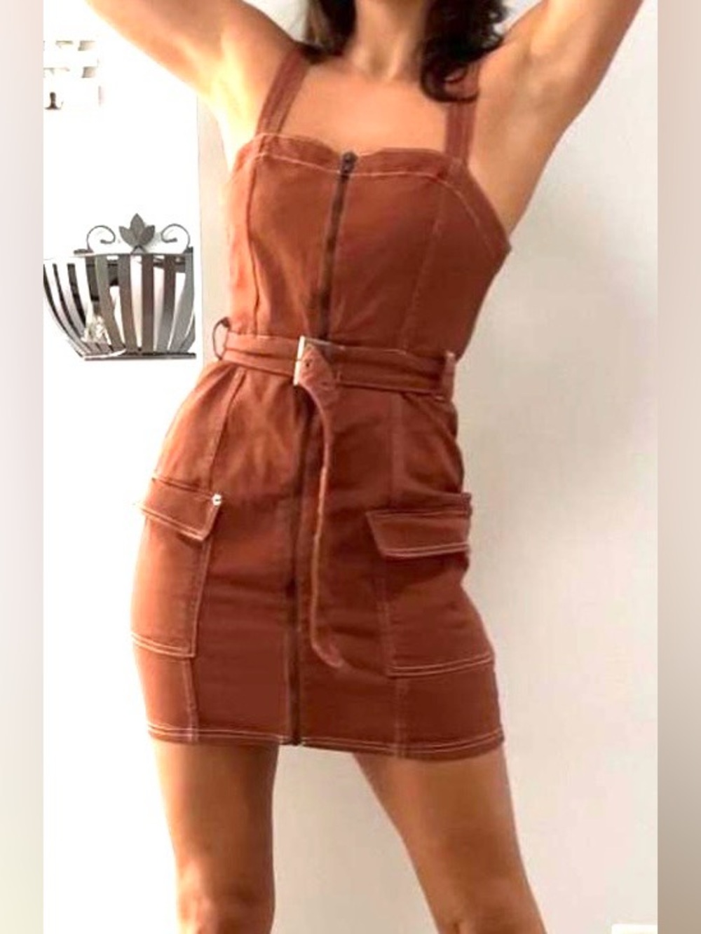 Divided Rust Brown Cargo Mini Skirt with Belt